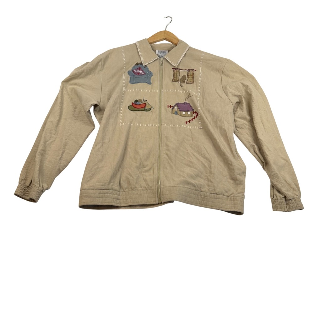 Teddi Vintage Style Tan Embroidered Home Garden Zip Up Jacket Womens Large 30031